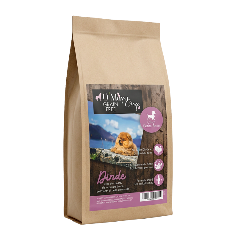 Croquette Chiot et petite chien Gamme Nutrition naturelle sans céréale dinde canard patate douce O'Maya Croq