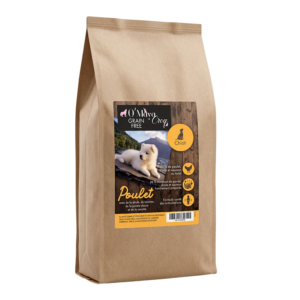 Croquette Chiot et petite chien Gamme Nutrition naturelle sans céréale poulet dinde saumon O'Maya Croq