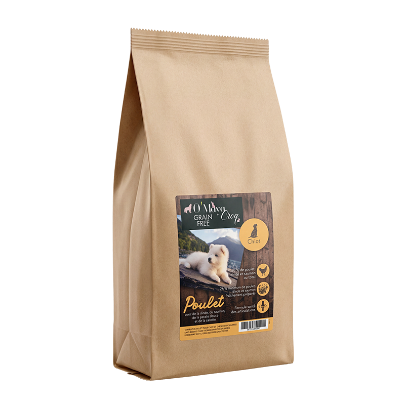 Croquette Chiot et petite chien Gamme Nutrition naturelle sans céréale poulet dinde saumon O'Maya Croq