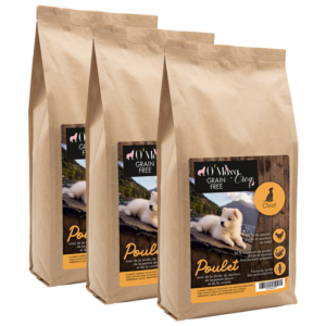 Croquette Chiot et petite chien Gamme Nutrition naturelle sans céréale poulet dinde saumon O'Maya Croq lot frais de port offerts