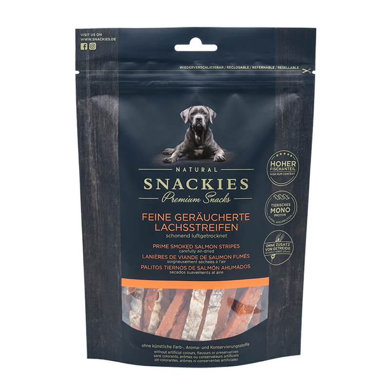 Friandise chien Snackies 100% viande séchée lanière de saumon O'Maya Croq