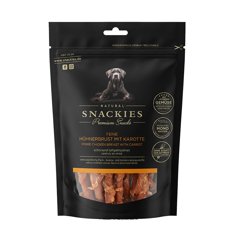 Friandise chien Snackies 100% viande séchée poulet carotte O'Maya Croq